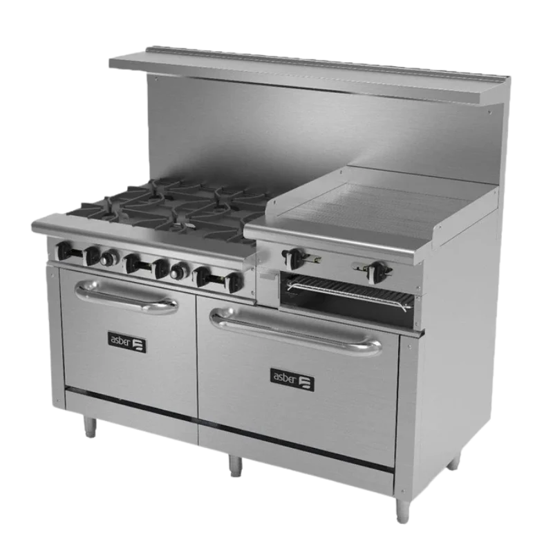 Asber 6 Fuegos abiertos + Plancha 24" elevada + Gratinador + 2 Hornos 24" y 36" AEMR-2-RG24-B6-60-H
